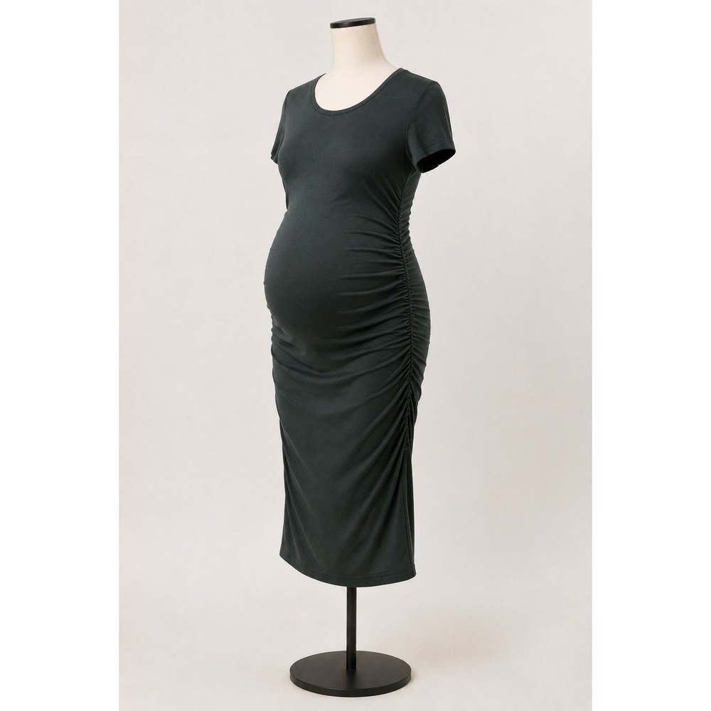 Quince Tencel Jersey Maternity Ruched Dress Womens Size S Dark Olive Green Midi